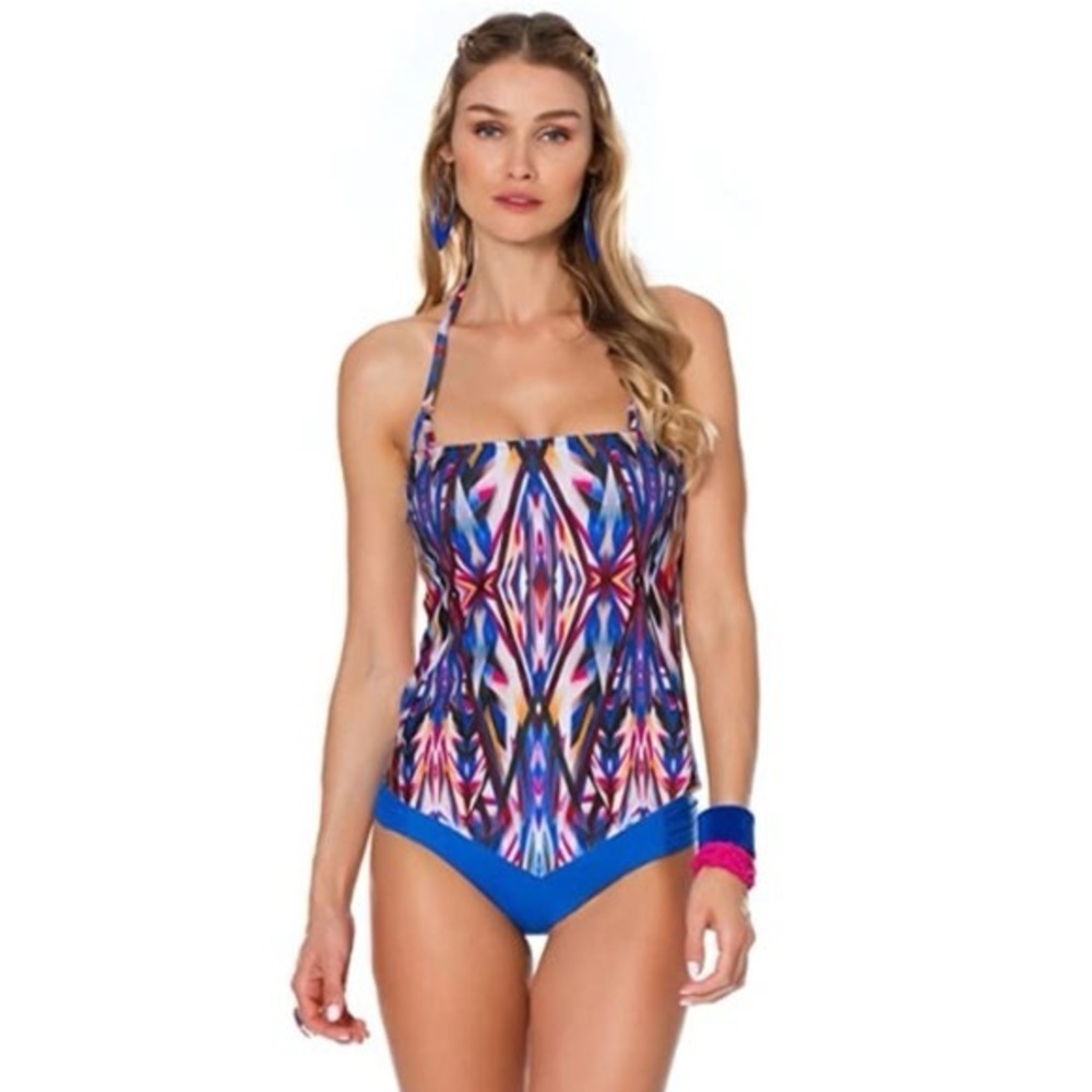 NWT Becca Medium Aura Halter Tankini Top Blue Tribal Swimwear Bathing Suit Swim - Picture 2 of 12